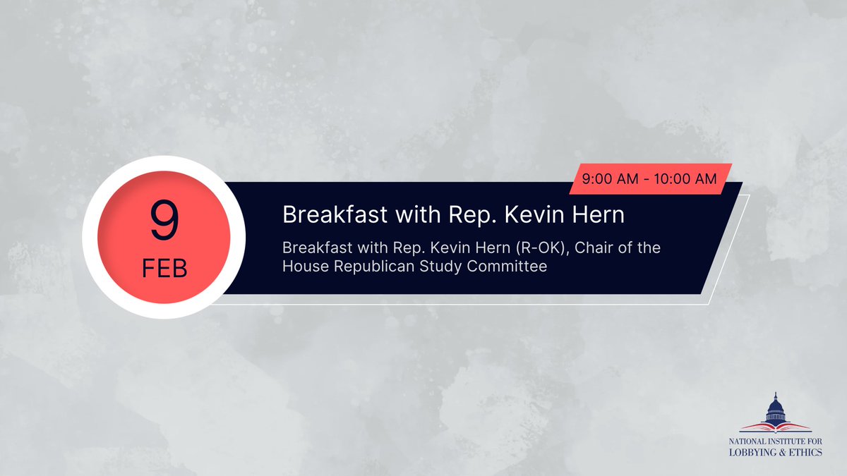 Join us for breakfast with Rep. Kevin Hern (R-OK), Chair of the House Republican Study Committee! 

⇢ Capitol Hill Club in Washington, D.C.
⇢ Thursday, February 9
⇢ 9:00 am - 10:00 am.

Register Here: ow.ly/6MYQ50MLYXT