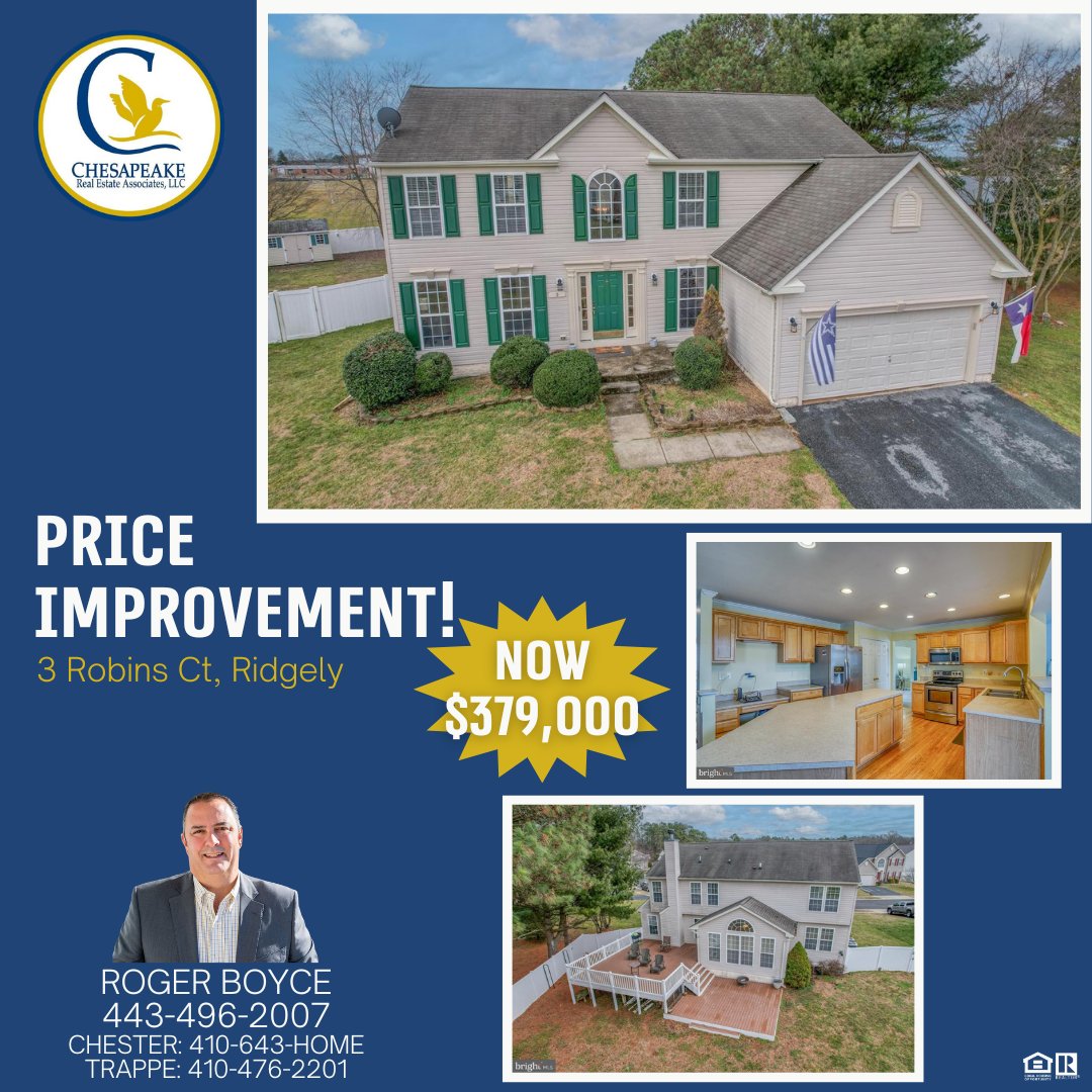 ChesapeakeLLC's tweet photo. 💥🏠 PRICE IMPROVEMENT! 🏠💥

📍 3 Robins Ct, Ridgely
💲 $399,999 ➡️ $379,000

For more information, please call Roger Boyce at 443-496-2007 #BuyingWithBoyce

https://t.co/TePEF1A3VL https://t.co/NJZMctZF2D