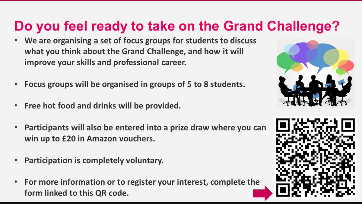 Do you feel ready to take on the Grand Challenge?

A student focus group is being organised to discuss the Grand Challenge, and how it will improve your skills and professional career. People who sign up will be eligible to win £20 in Amazon vouchers. See below for more details.