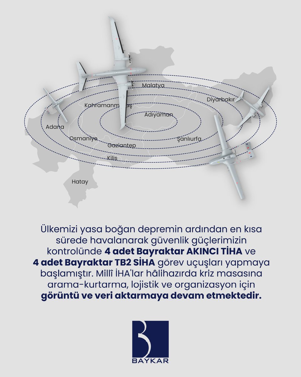Depremin hemen ardından havalanan 4 Bayraktar #AKINCI ve 4 #BayraktarTB2 görev uçuşlarına devam ediyor.

Milli İHA'larımız, deprem bölgelerinden aldığı görüntü ve verileri kriz masasına aktararak arama-kurtarma ile lojistik faaliyetlerine katkıda bulunuyor.