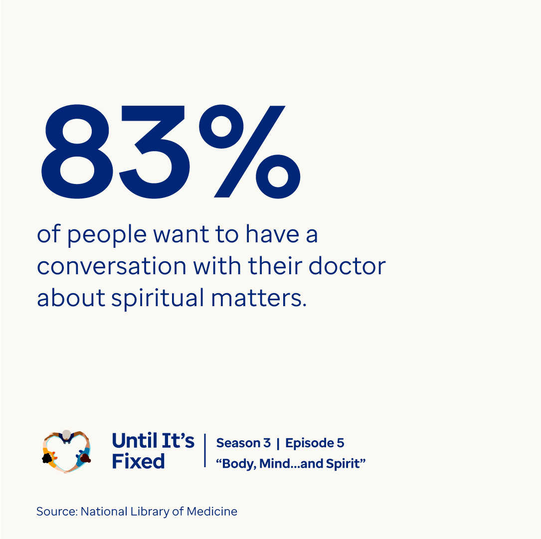 Optum's tweet photo. A recent study found that a large percentage of people want to talk to their doctor about spirituality and how it affects their care preferences. But starting a conversation about this topic can be tough. Get tips in the latest episode of #UntilItsFixed.