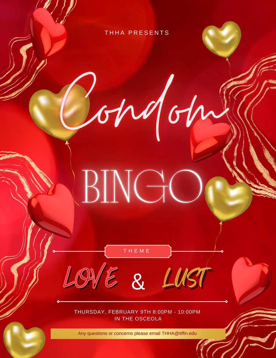 TiffinHallHouse's tweet photo. Please join us on Thursday, February 9th, at 8 pm in Osceola for our Condom Bingo event.  This semester's theme is Love and Lust. There will be many cool prizes for our winners! We hope to see you at this very popular,  fun, and educational event! https://t.co/hIUyhSlwI6