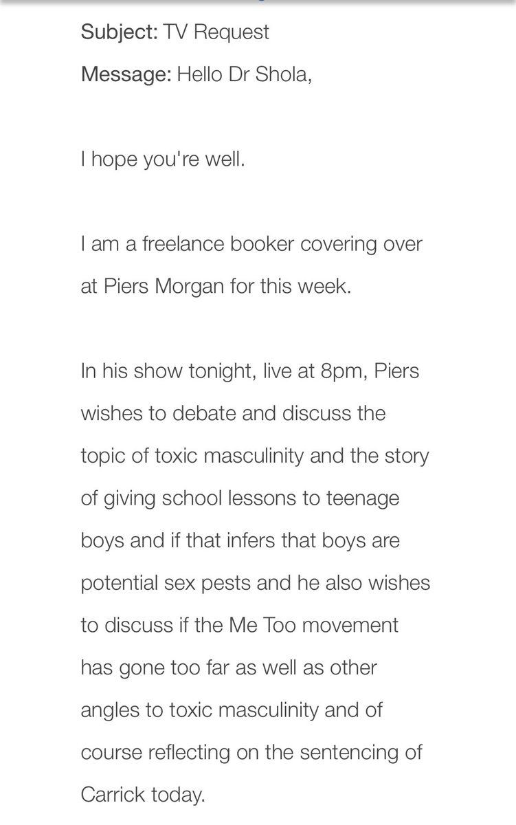 SholaMos1's tweet photo. Oh dear...if Piers Morgan wants me on his show he can call me his damn self to hear the answer he’ll get: No
Roping in #MeToo & ‘whataboutism’ on educating boys is an unserious gaslighting angle to minimize atrocities of #Carrick.Ending misogyny motivated crimes is NOT debatable https://t.co/uNLDzzjlC3