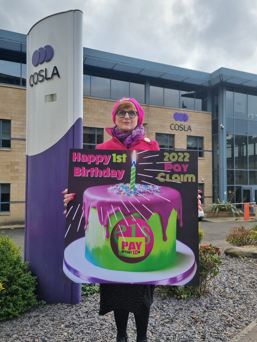 EISUnion's tweet photo. Today, marks one whole year since we submitted our pay claim. EIS Office Bearers &amp; representatives delivered Birthday cards to St Andrew's House &amp; COSLA HQ this afternoon. 
Avoiding further strike action is down to the Scottish Government &amp; COSLA. https://t.co/PxvJEIJuKl