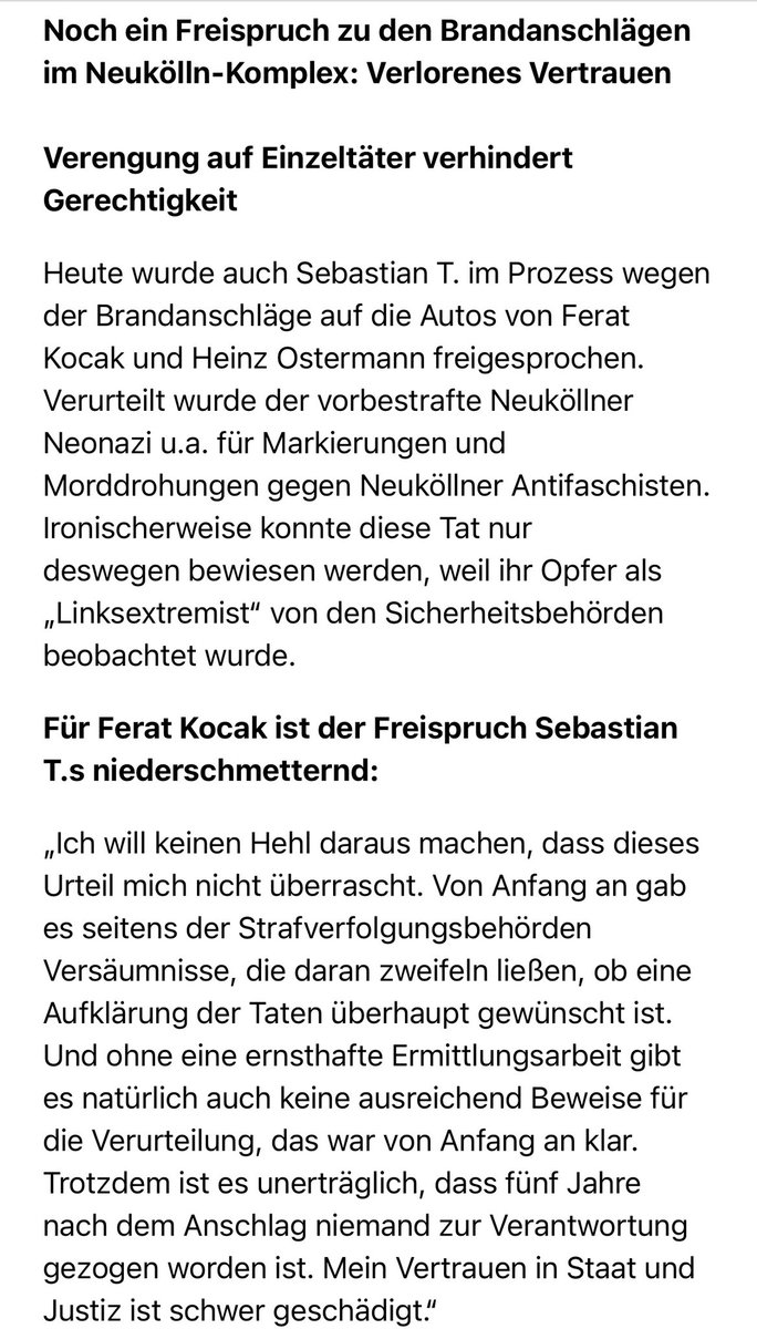 der_neukoellner's tweet photo. Freispruch zu Brandanschlägen im Neukölln-Komplex. 

Urteil 1,5 Jahre ohne Bewährung wegen Sozialleistungsbetrug, Sachbeschädigung, Markierungen verfassungswiedriger Symbole und Morddrohungen. Das Urteil von T. ist noch nicht Rechtskräftig. Hier mein Statement als Nebenkläger: https://t.co/LyMCUNu1Mi