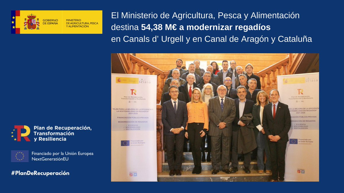 #PlanDeRecuperación🇪🇺💧 #RegadíoSostenible 
➡️Destinamos 54,38 M€ a modernizar regadíos en Canals d’ Urgell y en Canal de Aragón y Cataluña que permitirán mejorar las infraestructuras, la eficiencia hídrica y energética📰 bit.ly/3YdKan