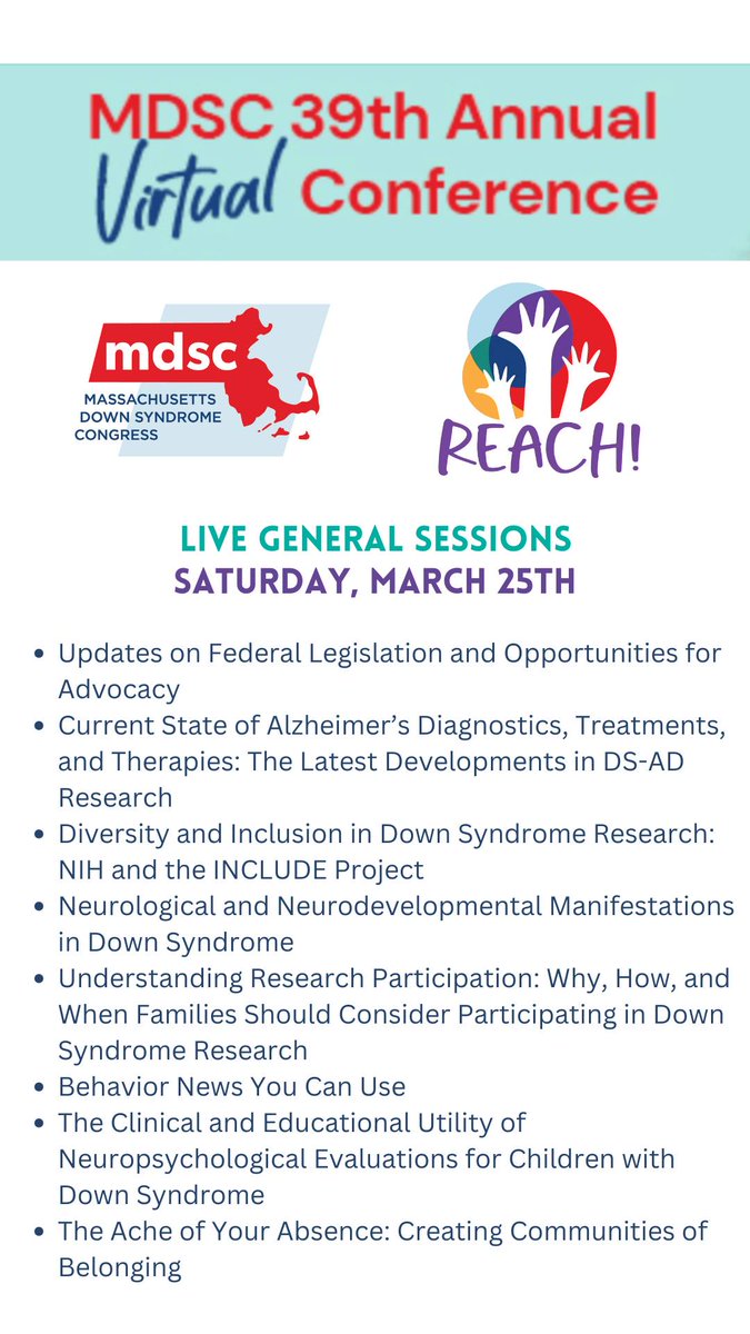 #REACH! We've got #SomethingforEveryone at our 39th Annual Conference. Here's just 1 DAY of the weekend-long #mdscconference. Not to mention a self-advocate track, on-demand offerings, and specialty workshops. Register for just $49.99/household @ mdscconference.org.