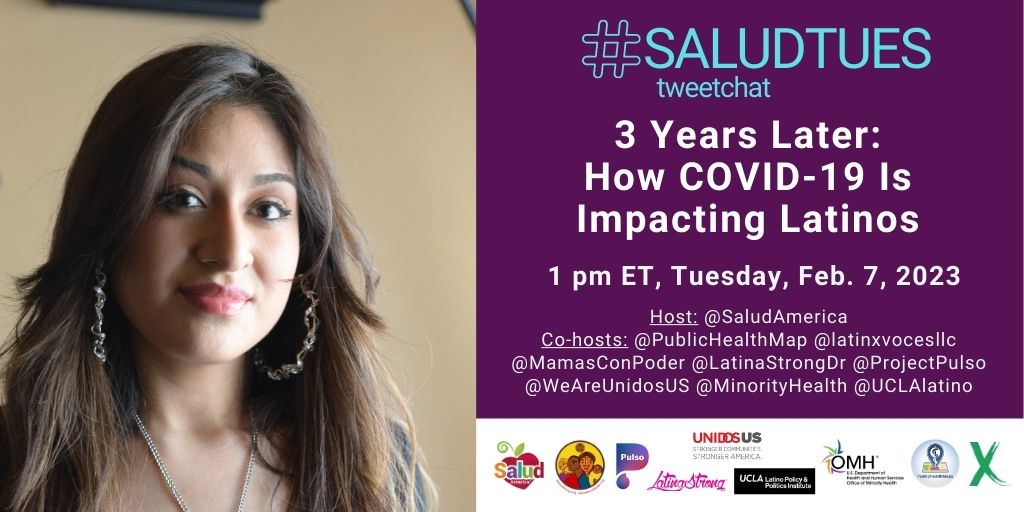 Salud America! (@saludamerica) on Twitter photo ➡️ In 1 HR, #SaludTues Tweetchat! ⬅️
Discuss strategies to advance Latino health equity amid COVID-19 (1pm ET 2/7)!
@latinxvocesllc <a href="/ProjectPulso/">Pulso</a> <a href="/LatinaStrongDr/">LATINASTRONG®️</a> <a href="/PublicHealthMap/">PublicHealthMaps</a> <a href="/MamasConPoder/">MamásConPoder</a> <a href="/WeAreUnidosUS/">UnidosUS</a> <a href="/MinorityHealth/">Minority Health</a> <a href="/UCLAlatino/">UCLA Latino Policy & Politics Institute</a>
salud.to/covidchat ➡️ In 1 HR, #SaludTues Tweetchat! ⬅️
Discuss strategies to advance Latino health equity amid COVID-19 (1pm ET 2/7)!
@latinxvocesllc <a href="/ProjectPulso/">Pulso</a> <a href="/LatinaStrongDr/">LATINASTRONG®️</a> <a href="/PublicHealthMap/">PublicHealthMaps</a> <a href="/MamasConPoder/">MamásConPoder</a> <a href="/WeAreUnidosUS/">UnidosUS</a> <a href="/MinorityHealth/">Minority Health</a> <a href="/UCLAlatino/">UCLA Latino Policy & Politics Institute</a>
salud.to/covidchat