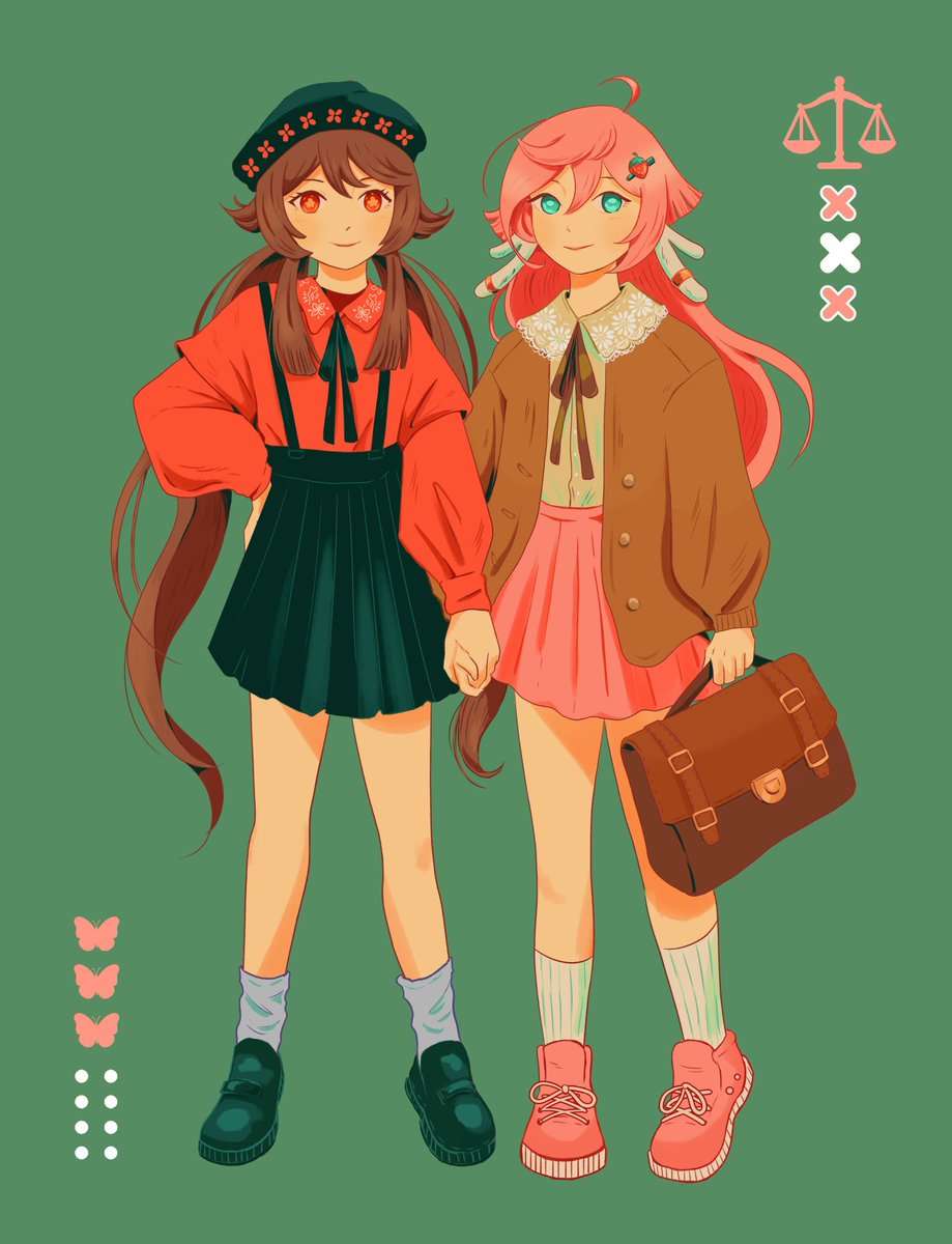 hu tao (genshin impact) ,yanfei (genshin impact) multiple girls 2girls skirt pink hair brown hair shoes long hair  illustration images
