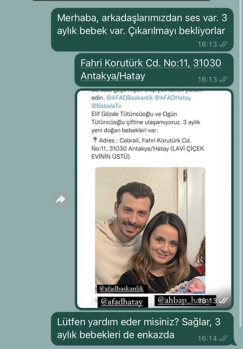 Az evvel öğretim görevlisi bir arkadaşımdan geldi bu mesaj.
Eşler ve bir bebekleri, hala hayatsalarmış.
Vakit geçmeden ulaşabilir miyiz?

<a href="/DepremDairesi/">AFAD Deprem</a> 
<a href="/AFADBaskanlik/">AFAD</a>