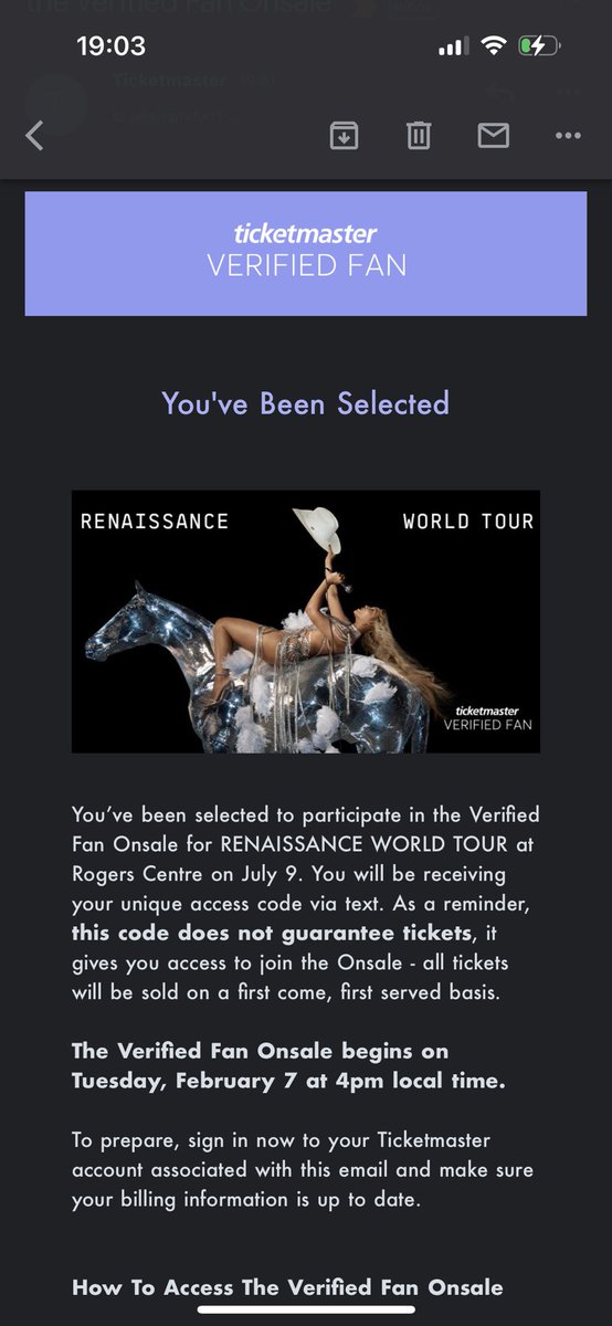 JakeNothdurft's tweet photo. @TicketmasterCA - I’ve been selected for the fan verified Beyonce presale today at 4pm but have not received my code via text yet? https://t.co/gkjm9mdfyl