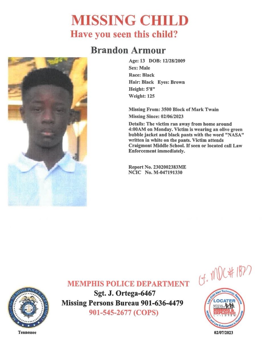 MEM_PoliceDept's tweet photo. Have you seen Brandon Armour?
Report #2302002383ME https://t.co/3ue35MFCLq