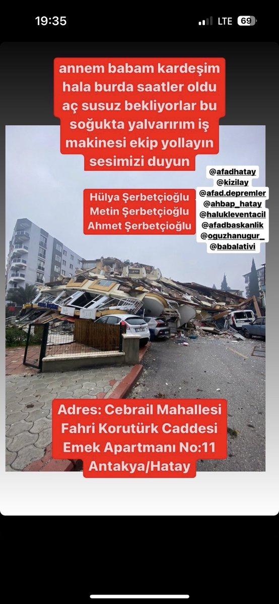 nidaevgi's tweet photo. Allah rızası için Antakya/Hatay için ekip gönderilsin. Hiçbir şekilde ekip yok çalışma yok. Ölüme terk edilmesinler yalvarırım birşeyler yapın @AntakyaBld @GundemiAntep27 @AFADBaskanlik @DepremDairesi @AFADHatay @Kizilay @EmniyetGM @HatayBSB @antakyakzly #hatayyardimbekliyor https://t.co/Z70JBHMc4Z