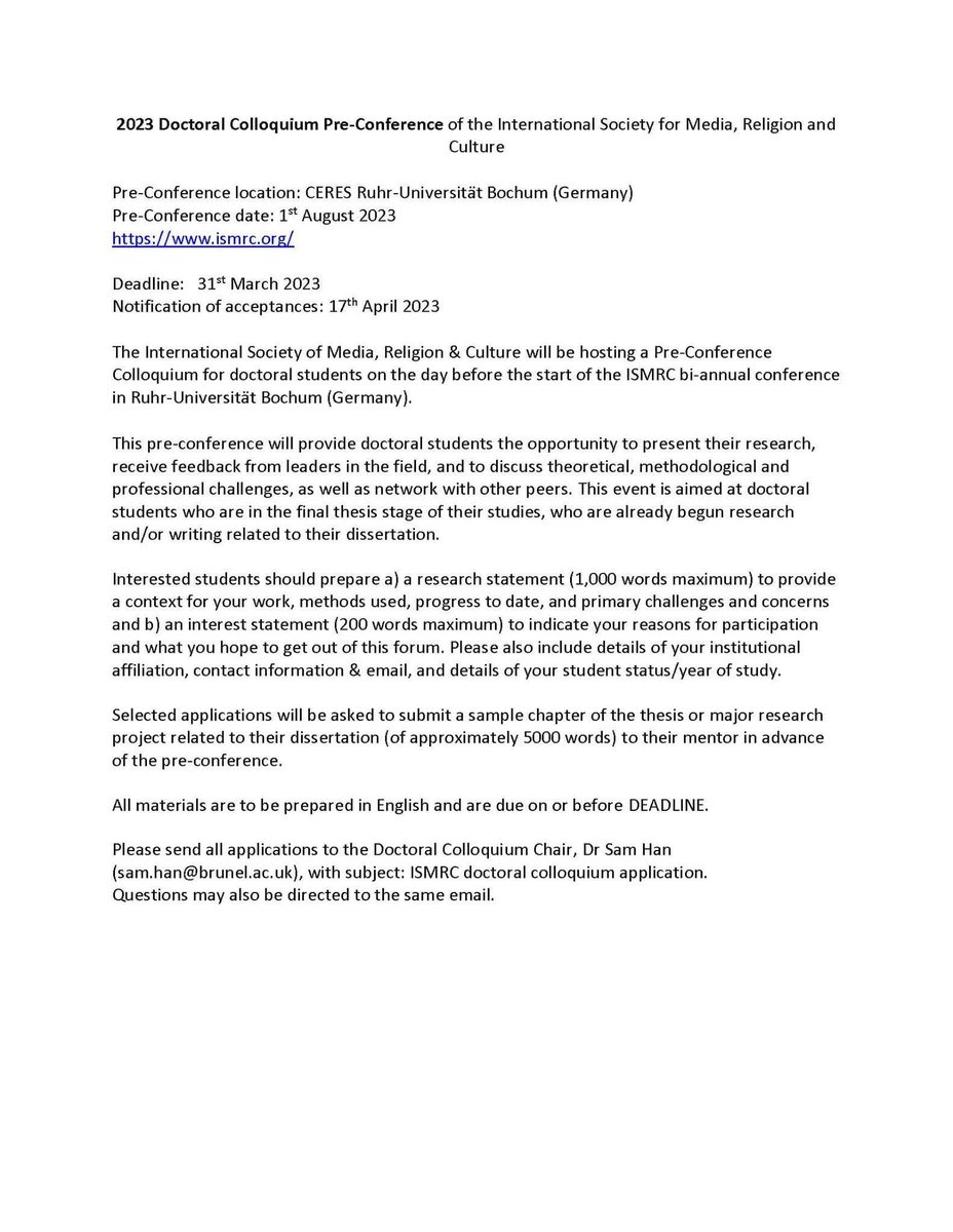 Are you a Doctoral Student at the thesis research or writing stage? Interested in studying media and religion.  Consider applying for the ISMRC 2023 Doctoral Colloquium to be held in Bochum, Germany right before our bi-annual conference!