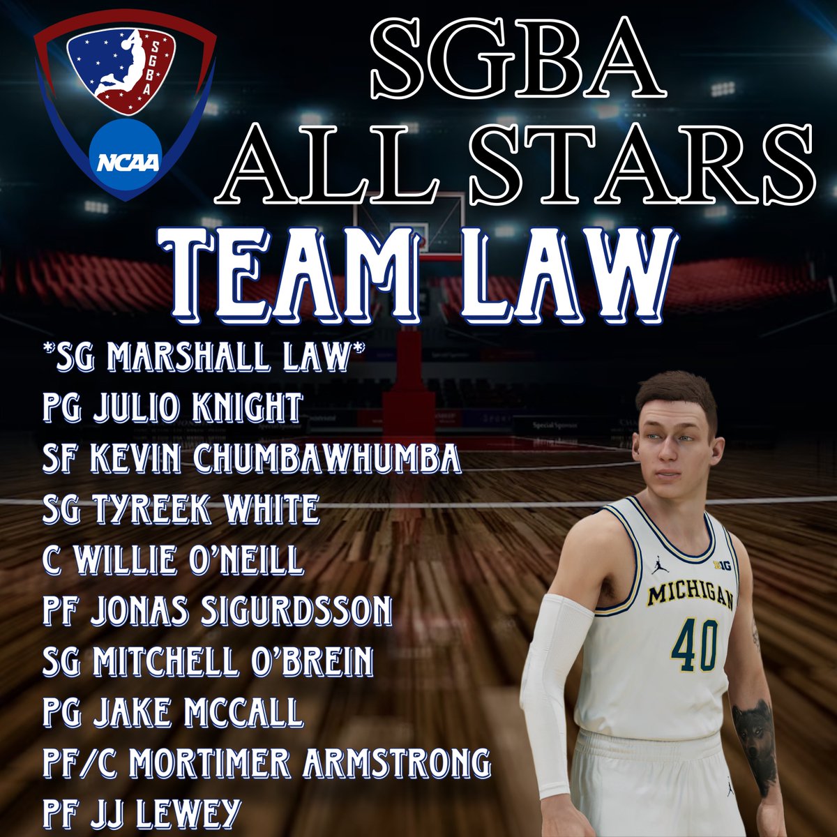 <a href="/SGBA2K/">SGBA</a>

ALL STAR GAMEDAY IS HERE ‼️

Make sure you tune in TONIGHT on Twitch to see the Legendary Matchup of #TeamLaw &amp; #TeamBottoms

This is gonna be one you don’t wanna miss 🎥
