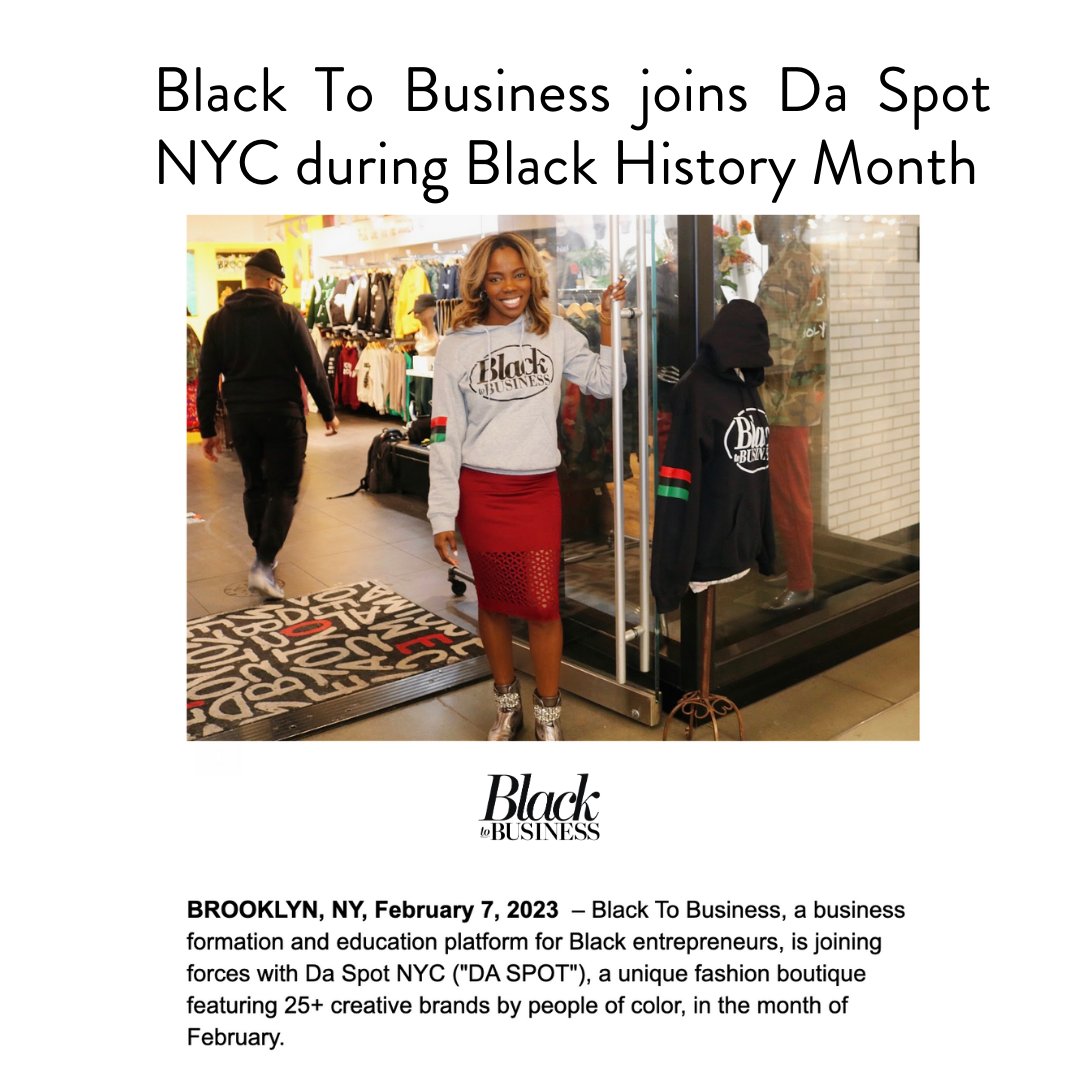 🎉We’re excited to announce that the Black To Business merch is now available in stores at Da Spot NYC!

To celebrate, we’re hosting a Sip &amp; Shop <a href="/DA_SPOT_NYC/">DA SPOT NYC</a> on Sat., February 11th, @ 7PM

📍 RSVP --> bit.ly/3jBnAGh 

👉🏿 Full press release → bit.ly/3HEd6xH