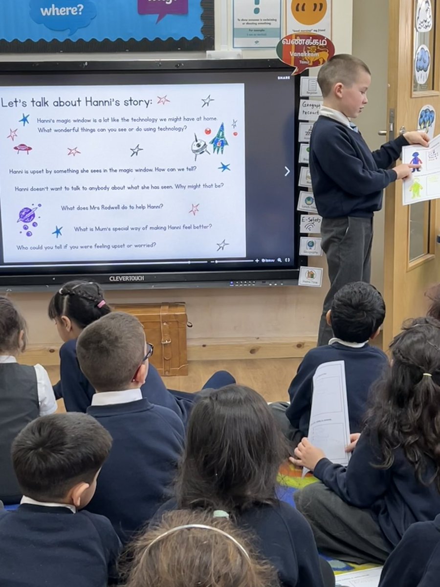 SmithdownPrimY2's tweet photo. Today, we read the book, ‘Hanni and the Magic Window’ by Amy Lockwood. We linked this book to how we may feel online. We drew, wrote and presented Hanni’s emotions before and after she had spoken to somebody about what she had seen. #saferinternetday #smithdowncomputing #2SR https://t.co/yAFSJNWRgy