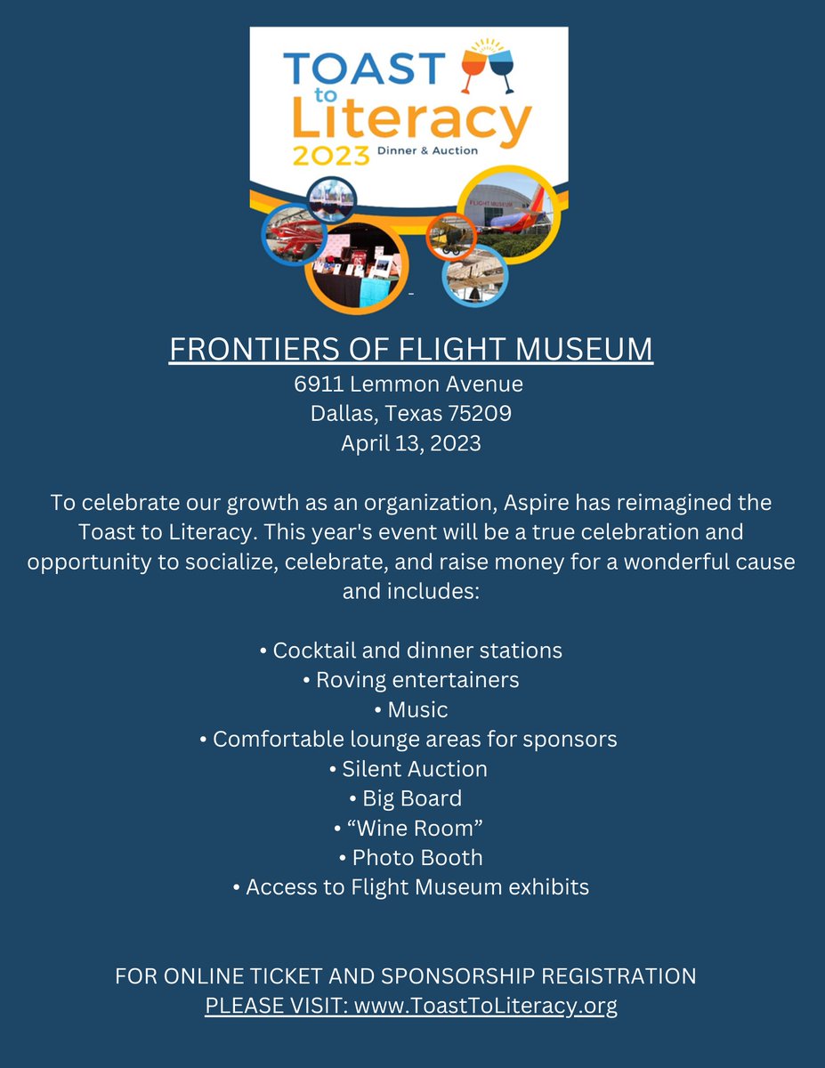 Aspire_ToLearn's tweet photo. Please support for the 10th annual Toast to Literacy! This year's event will be held at the Frontiers of Flight Museum, April 13, 2023. Our programs will continue to change thousands of more lives with your support! To sponsor or purchase tickets, visit https://t.co/MkIjdmsFiM https://t.co/UsMZnNuGwU