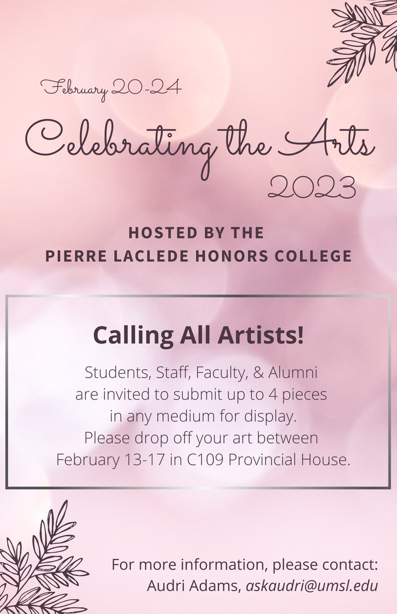 Celebrating the Arts 2023 is coming up on February 20-24! Submit your work and VOTE for your favorites! 

Visit bit.ly/umslart2023 to fill out the submission form (copies of the submission form are also available in the Main Office). 

#umsl  #plhc  #stl #stlouis