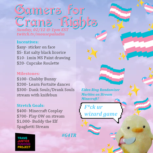 knightcaroline_'s tweet photo. This Sunday at 1pm EST I'll be raising money for the @TransJusticeFP! I'm going to be playing Elden Ring with an item and enemy randomizer and possibly some Minecraft/Marbles on Stream. #g4tr

I hope to see you there! 💙🏳️‍⚧️💗

https://t.co/9Gkd1OEP0f https://t.co/O5wc3wj8Fr