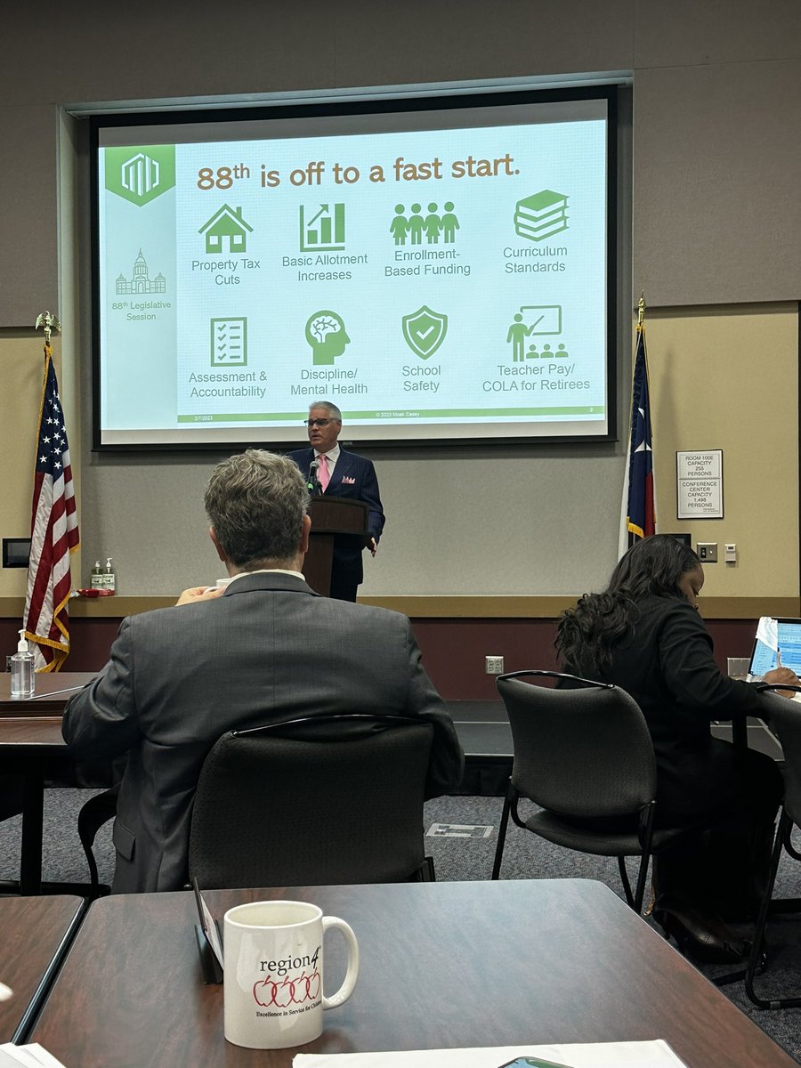 ElizabethFagen's tweet photo. Legislative update at Region 4 today for superintendents…many of these topics are the right conversations. 🙂👍🏼 @HumbleISD We want to pilot temporary placements at a wellness school to meet mental health needs of students. Hopefully it’s funded in this session for school safety. https://t.co/9Ugtmhf8jY