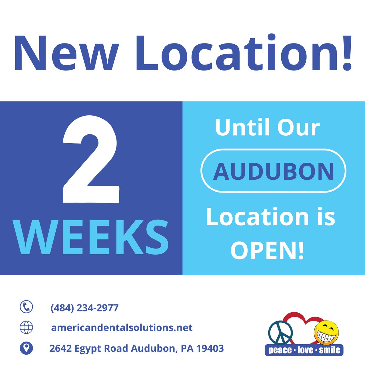 2️⃣ weeks until our new Audubon, Pa location is open! 

📆 Schedule your appointment: Americandentalsolutions.net/schedule-an-ap… 
.
.
.
.
#Americandentalsolutions #newlocation #audubonpa #pa #montgomerycounty #15locations #familydentistry