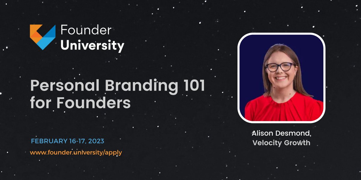 Kicking off Day 2 with a Personal Branding 101 session for Founders by <a href="/Alisonmdesmond/">Alison Desmond</a> from <a href="/VelocityGrowth_/">Velocity Growth (Formerly Growth University)</a> 

founder.university/apply