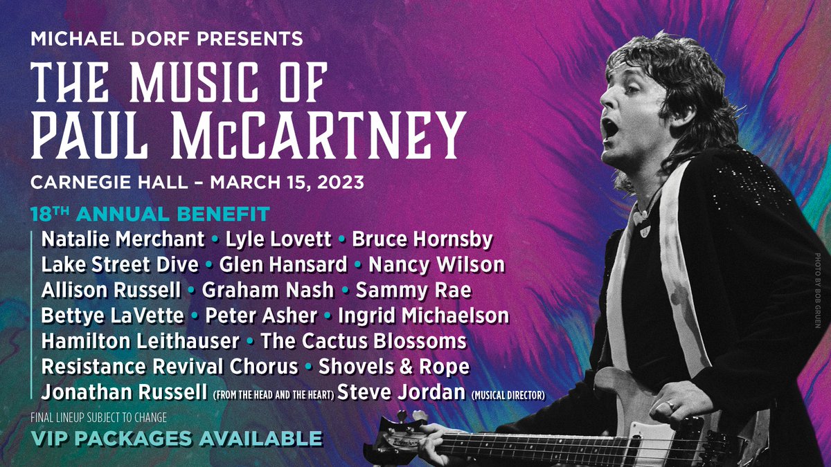 Thrilled to join this stunning lineup of musicians 🤩in honoring @paulmccartney at <a href="/carnegiehall/">Carnegie Hall</a> on 3/15. Tix on sale now at MusicOf.org; proceeds benefit music education. Gratitude to @michaeldorf + <a href="/citywinery/">citywinery</a> for including us once again in this truly special event!