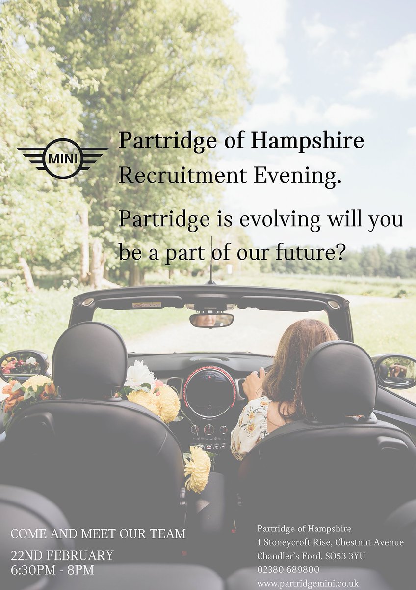 Want to find out what job opportunities we have at Partridge? Come down to our recruitment evening and speak to our team, to find out what Partridge of Hampshire have to offer!

#PartridgeMINI #MINI #MINICareers #MINIJobs