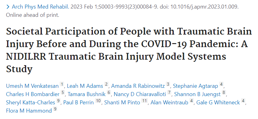 Umesh V, PhD (@oomayshh) on Twitter photo Delighted to share the companion article to our recently published paper on pandemic-time mental health in the <a href="/TBI_MS/">Traumatic Brain Injury Model Systems</a>! Thankful for the opportunity to lead this collaborative work in <a href="/ArchivesPMR/">ArchivesPMR</a>.
pubmed.ncbi.nlm.nih.gov/36736808/ Delighted to share the companion article to our recently published paper on pandemic-time mental health in the <a href="/TBI_MS/">Traumatic Brain Injury Model Systems</a>! Thankful for the opportunity to lead this collaborative work in <a href="/ArchivesPMR/">ArchivesPMR</a>.
pubmed.ncbi.nlm.nih.gov/36736808/