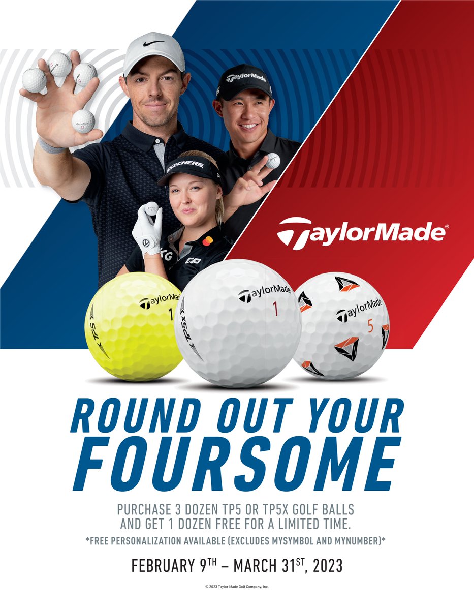 Fredericton Golf Club (@playfgc) on Twitter photo It is that time of year again. Start stocking up on golf balls for the upcoming season. TaylorMade will begin its Round out your Foursome promo beginning February 9, 2023. Contact Chris Billings at gm@playfgc.com to place your order. #stockup #TP5 It is that time of year again. Start stocking up on golf balls for the upcoming season. TaylorMade will begin its Round out your Foursome promo beginning February 9, 2023. Contact Chris Billings at gm@playfgc.com to place your order. #stockup #TP5