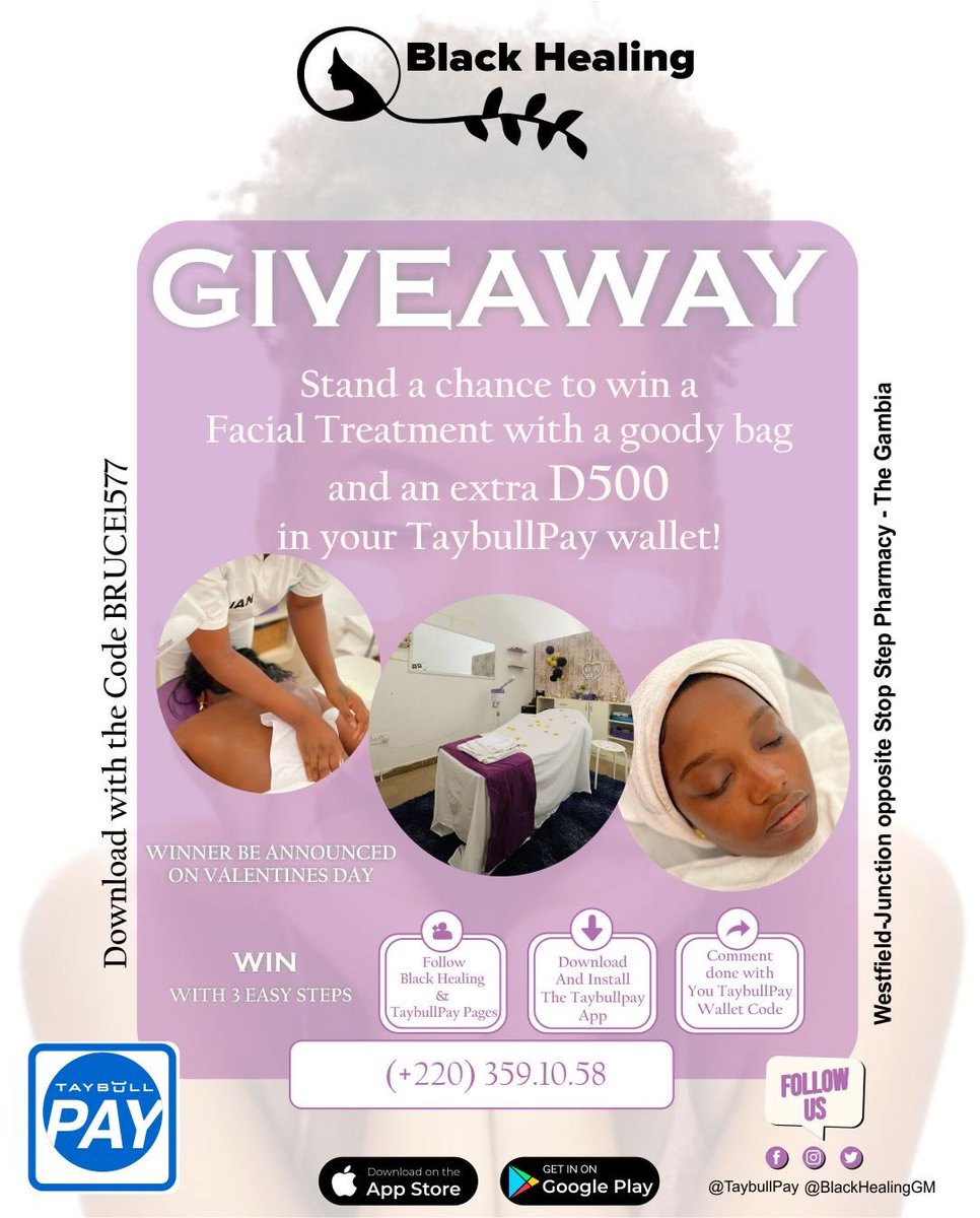 Stand a chance to win a facial treatment with a goody bag with D500 in you <a href="/TaybullPay/">TaybullPay</a> wallet. Win with 3 steps,  1)follow our social media pages. 2) download &amp; install <a href="/TaybullPay/">TaybullPay</a> app. 3) comment done with your <a href="/TaybullPay/">TaybullPay</a> wallet code. BRUCE1577 to download to app..