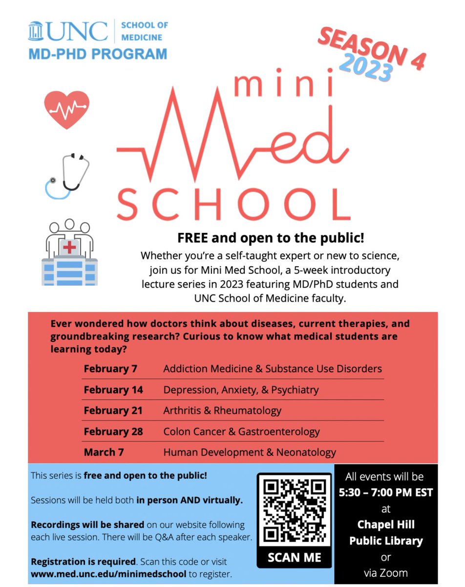 We are so excited to announce that The UNC MD/PhD program’s Mini Medical School season 4 will be returning TONIGHT at 5:30 PM at the Chapel Hill Public Library! This lecture series  will continue every Tuesday evening until March 7th! In person and zoom! med.unc.edu/minimedschool/