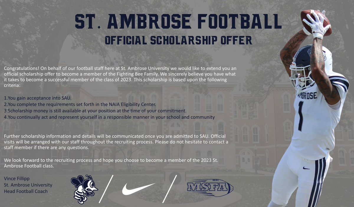 After a great conversation with <a href="/FillippSAU/">Vince Fillipp</a> I’m blessed to announce I have received an offer to play at St Ambrose University!🔵⚪️ <a href="/CoachCross2/">Coach Sheldon Cross</a> <a href="/Coach_Bonds253/">Drew Bonds</a> <a href="/CoachMaui/">Maui Borden</a> <a href="/BrandonHuffman/">Brandon Huffman</a> <a href="/RylandSpencer/">Ryland Spencer™</a> <a href="/AndySchell23/">Andy Schell</a>