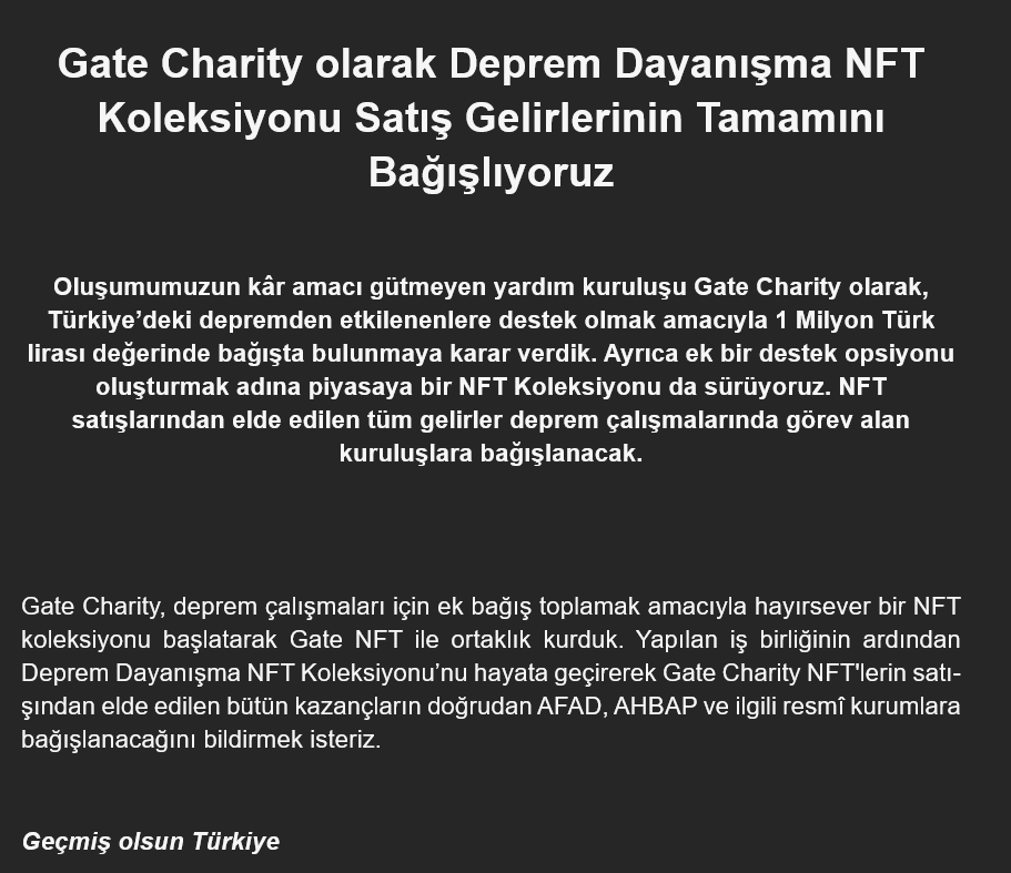 Gate_Turkce's tweet photo. https://t.co/pupQ7wXZ7C olarak Deprem Dayanışma NFT koleksiyonunu hayata geçirdik. İlgili NFT'lerin satışından elde edilen bütün gelirler doğrudan AFAD, AHBAP ve ilgili resmi kurumlara bağışlanacaktır.

NFT koleksiyonunu satın almak için: https://t.co/hSuuofObMS https://t.co/D5cMIgY78o