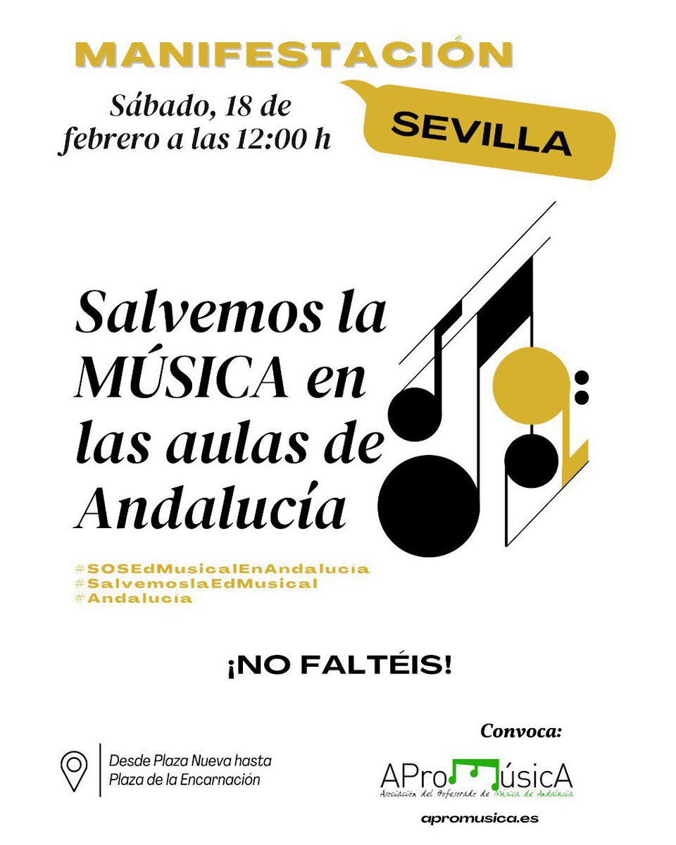 📣 Atención a todo el colectivo de docentes d #edmusical #andalucía ➡️ Hay convocada un #manifestación el próximo sábado 18Fen #sevilla ⚠️ No podemos permitir que <a href="/EducaAnd/">Consejería Desarrollo Educativo y FP</a> <a href="/Patricia_Pozo_/">Patricia del Pozo</a> <a href="/JuanMa_Moreno/">Juanma Moreno</a> eliminen horas de #musica en las etapas obligatorias bit.ly/3Xh4l2m