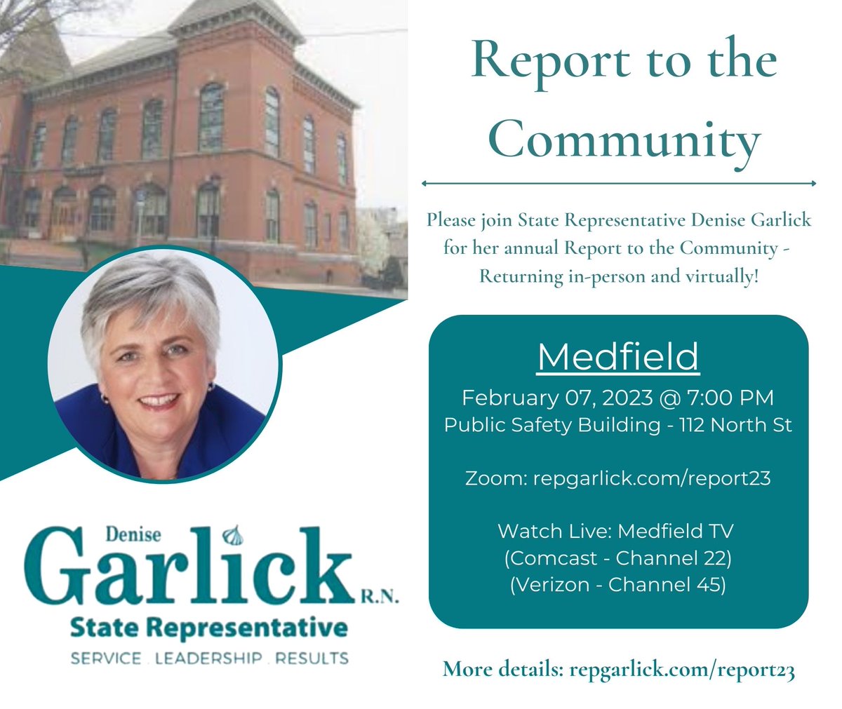 MEDFIELD - I look forward to seeing you all tonight at my annual Report to the Community!