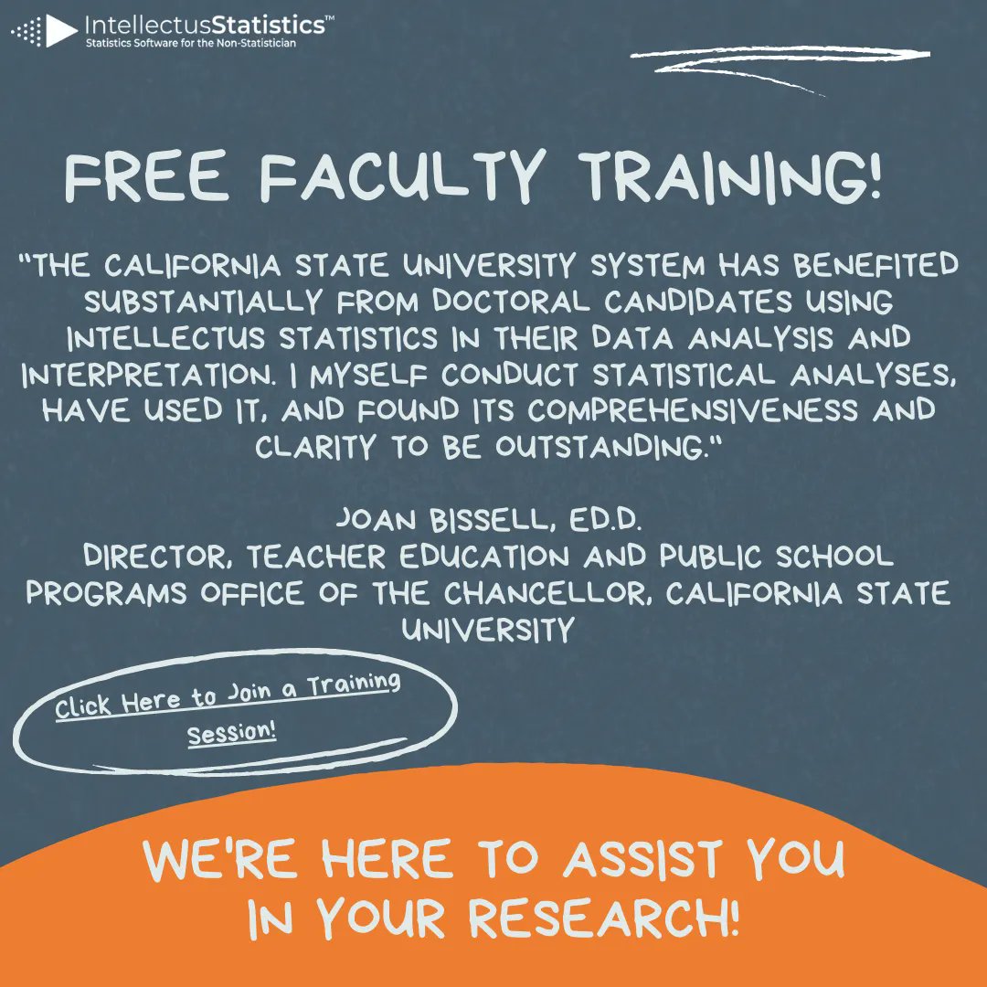 intellectustats's tweet image. While working with Intellectus, we offer faculty training on an individual, and department level basis. California State University utilizes our training, and we received amazing feedback from Director Joan Bissell on how it has affected her program. #IntellectusStatistics