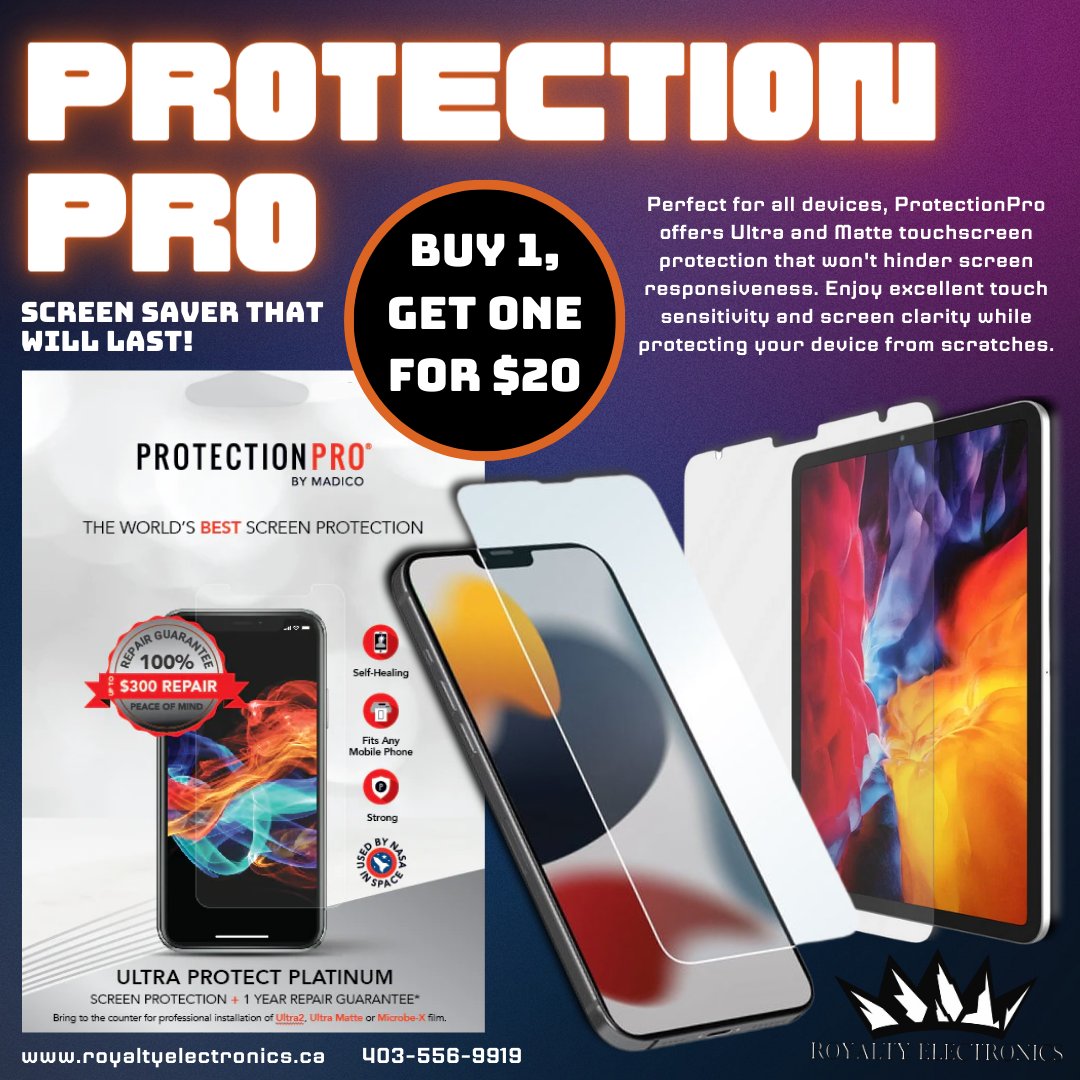 Integritywirel1's tweet image. From now on when you purchase a protection pro screen saver for $39.99, get the second for $20. Get them both at the same time, (for your phone and someone else) or save the half price screen protector for the next time you need a replacement. 
#Royaltyelectronics #protectionpro