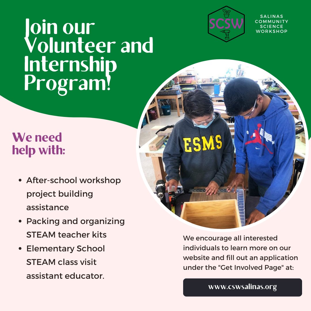CSWSalinas's tweet photo. Are you passionate about STEAM education, youth and hands-on learning? The Salinas Community Science Workshop is currently looking for volunteers/interns to join our space!
Please visit https://t.co/DtZ2jsWj6U for more information and to fill out an interest form! https://t.co/UjpPcHmoZ3