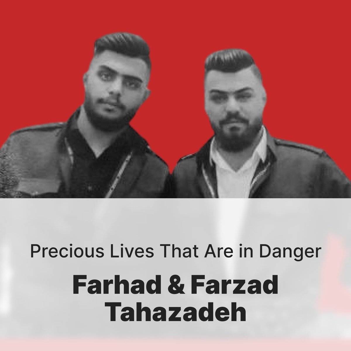 Be the voice of two young Innocent Iranian. #FarhadTahaZadeh and #FarzadTahaZadeh are two 26 and 25 years old brothers who have been sentenced to death.
SAY THEIR NAME!!
#IRGCterrorists

@JosepBorrellF
@USEnvoyIran
@dwnews
@CNN
 @AP
@UNHumanRights
