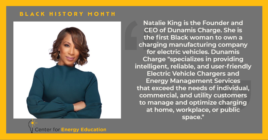 In collaboration with The Radiant Rays, we will highlight Black individuals making strides in renewable energy and related fields throughout this #BHM 

We recognize Natalie King, CEO of @dunamisenergy1, for raising awareness of the benefits of electric vehicles.