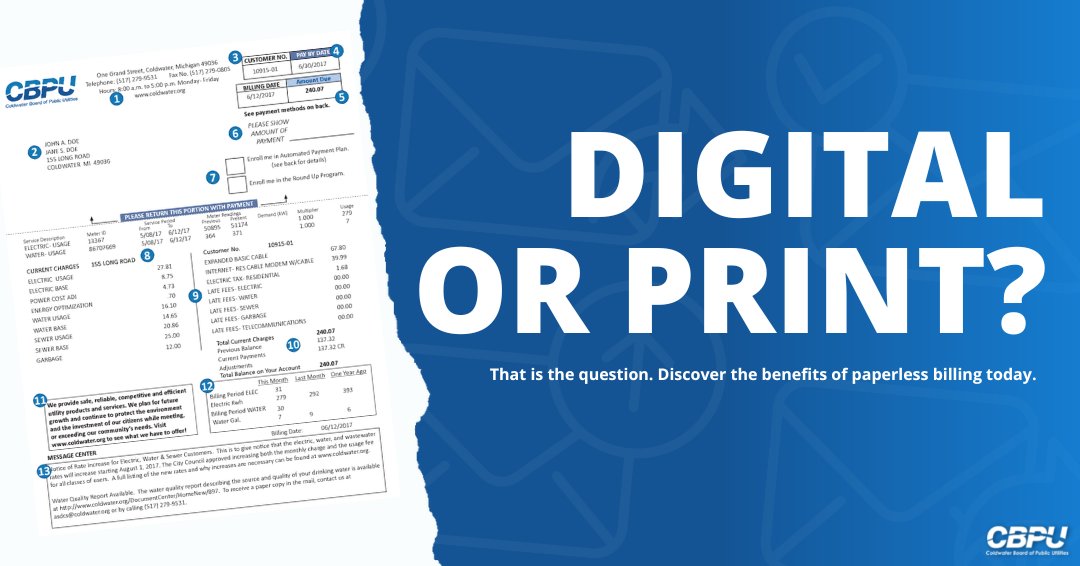 CityColdwaterMi's tweet image. Digital or print? That is the question. Don't wait for a paper copy of your bill. Sign up for paperless billing today. 💙

Sign Up here --&amp;gt; ow.ly/4UOJ50MyhVO 

#PublicPower #Love #PaperlessBilling #Billing #CBPU #CityOfColdwater #ColdwaterMI #ColdwaterMichigan