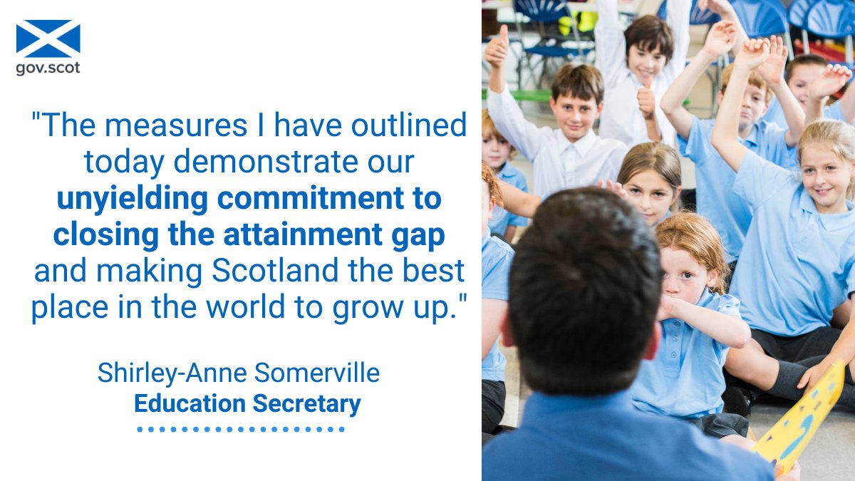 scotgov's tweet photo. Education Secretary @S_A_Somerville has announced measures to protect teacher numbers and pupil support staff, as well as school hours.

We’re committed to:

🔵 Increasing teacher numbers by 3,500 this Parliament
🔵 Protecting school hours

Visit https://t.co/8KaodkMc8n for more. https://t.co/53YXTDO0sj