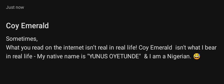 CoyEmerald1's tweet photo. Sometimes,
What you read on the internet isn’t real! @CoyEmerald1 isn't what I bear in real life - My native name is "Yunus Oyetunde" & Ọmọ Yorùbá L'emi o 😅
#InternetPlay😅 https://t.co/bthFKWaigG