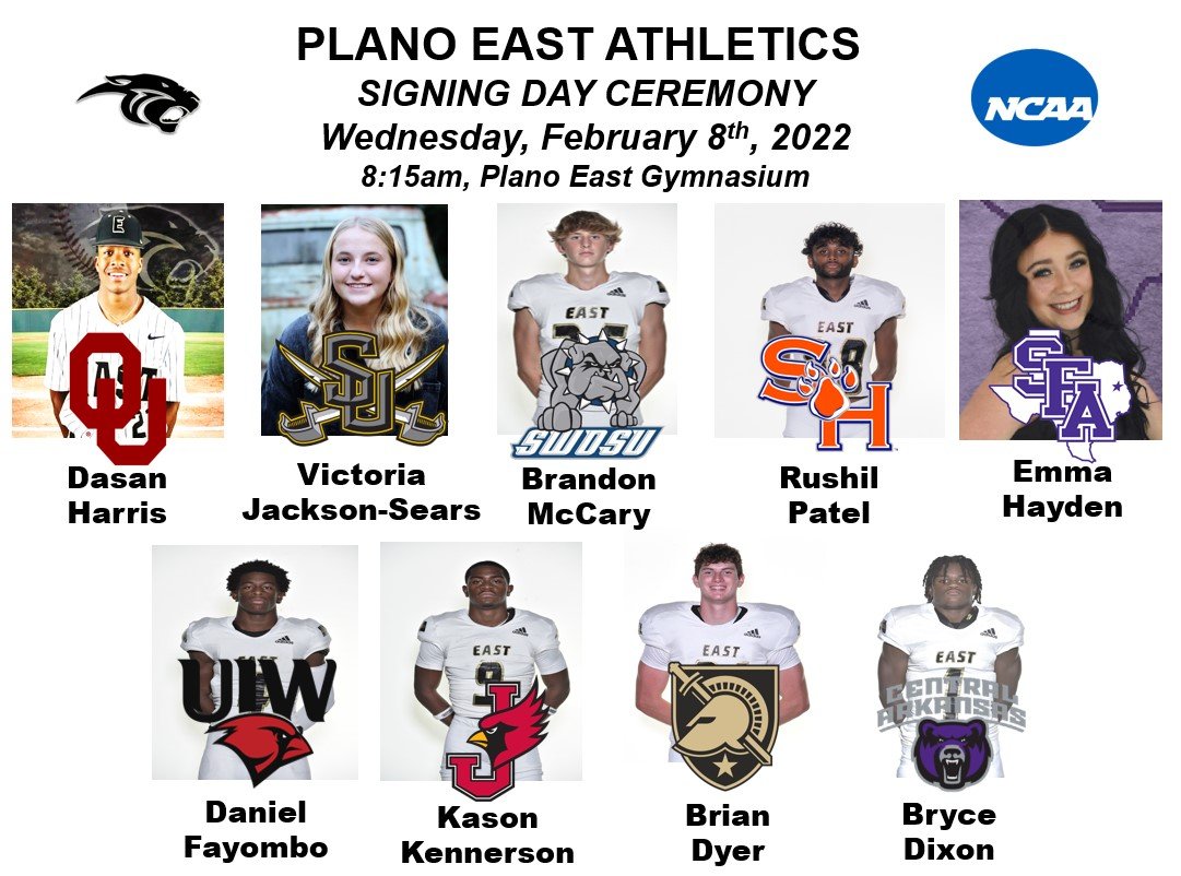 Come celebrate 9 more Plano East student-athletes committing to play collegitaly! Signing Day Event is  Wednesday (2/8) at 8:15am in the Plano East Gymnasium!  This is our 2nd of 3 signing days this year.