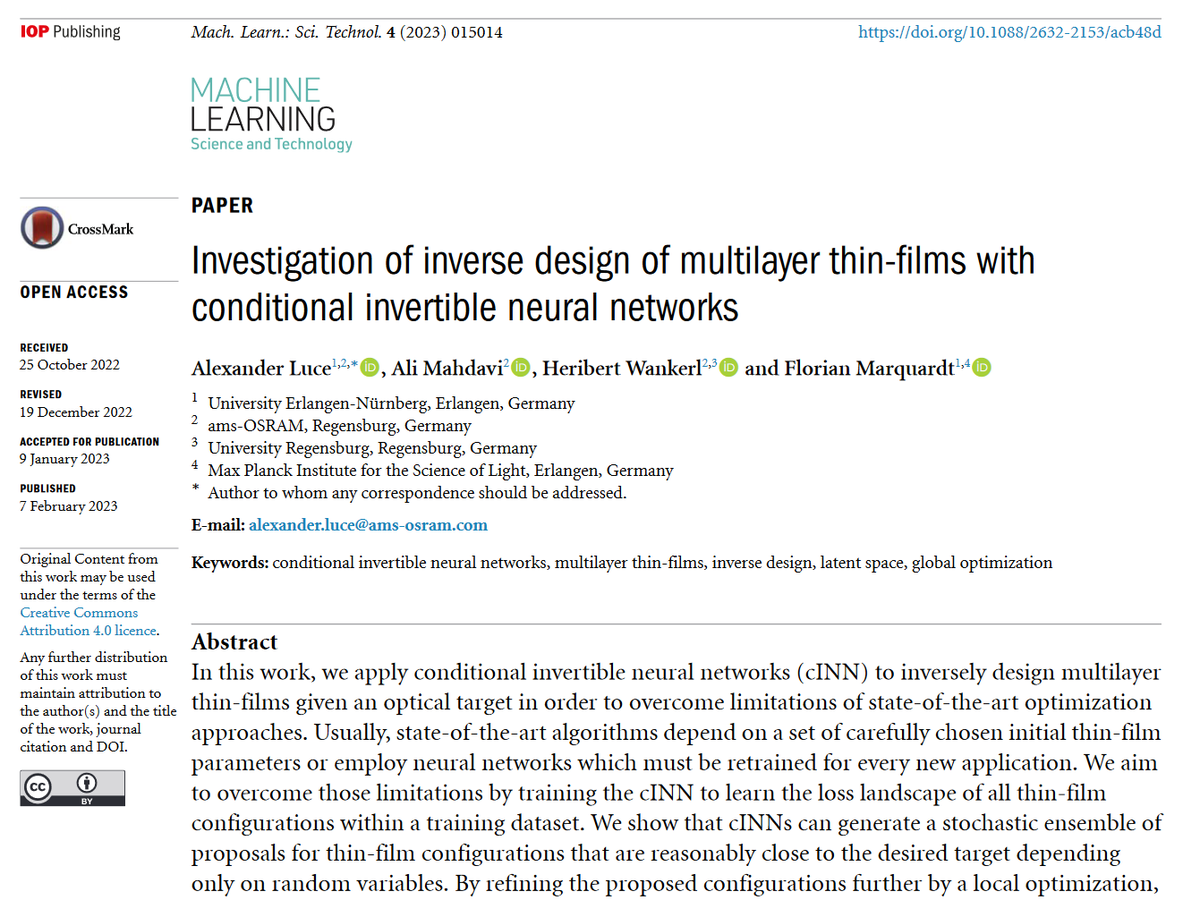 Great new work by @FMarquardtGroup et al @MPI_Light @maxplanckpress @UniFAU @amsOSRAM - 'Investigation of inverse design of multilayer #thinfilms with conditional invertible #neuralnetworks' - bit.ly/3YsBr0V #machinelearning #materials #AI #optics #photonics #quantum