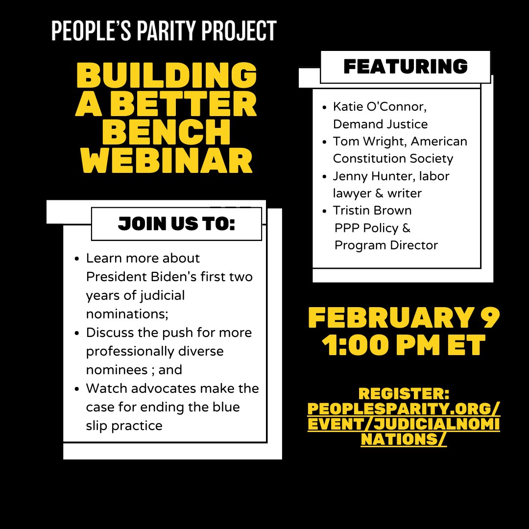 PeoplesParity's tweet photo. 🚨

This Thursday, @trisquire, @jennyhunterdc, @TomWrightACS, and @katieoconnoresq will be assessing the last two years of judicial nominations and discussing what must come next if we want to build a truly pro-people judiciary. Join us: https://t.co/cX2hYLP6Mm https://t.co/s1tysboQ0n