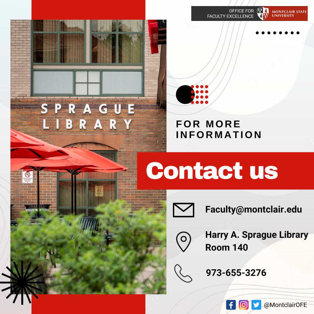 MontclairOFE's tweet image. At OFE, we are here to support faculty as you navigate the joys and challenges of teaching. If you have any questions or concerns, please do not hesitate to contact us for assistance. 

#MontclairStateUniversity #MontclairState #MontclairOFE #OfficeForFacultyExcellence