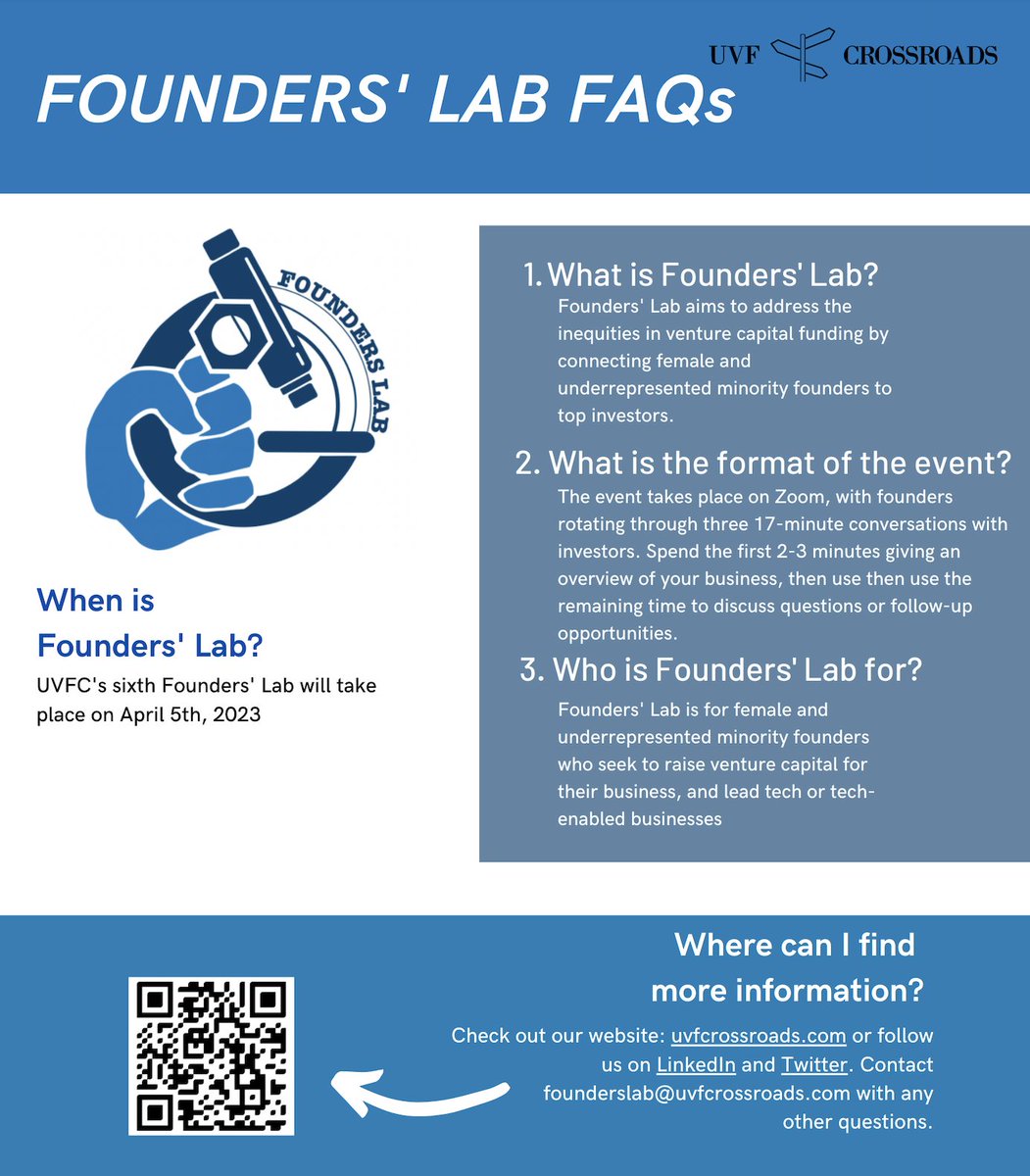UVF_Crossroads's tweet photo. Founders' Lab FAQs!
Interested in joining UVFC's 6th Founders' Lab this Spring but want to learn more about the event? Check out our website https://t.co/Zeg7zbjsDJ or email founderslab@uvfcrossroads.com 📚🔬💡
-> Applications close March 15th
-> Founders' Lab April 5th https://t.co/9dTDi6fKZk